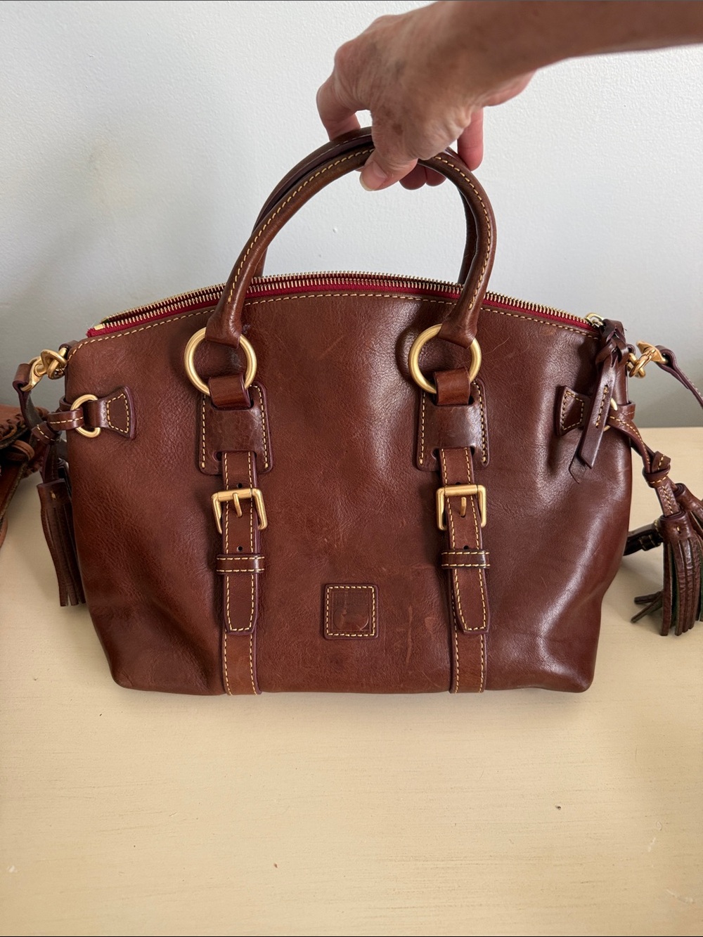 Dooney & Bourke Brown Leather Satchel with Gold Hardware